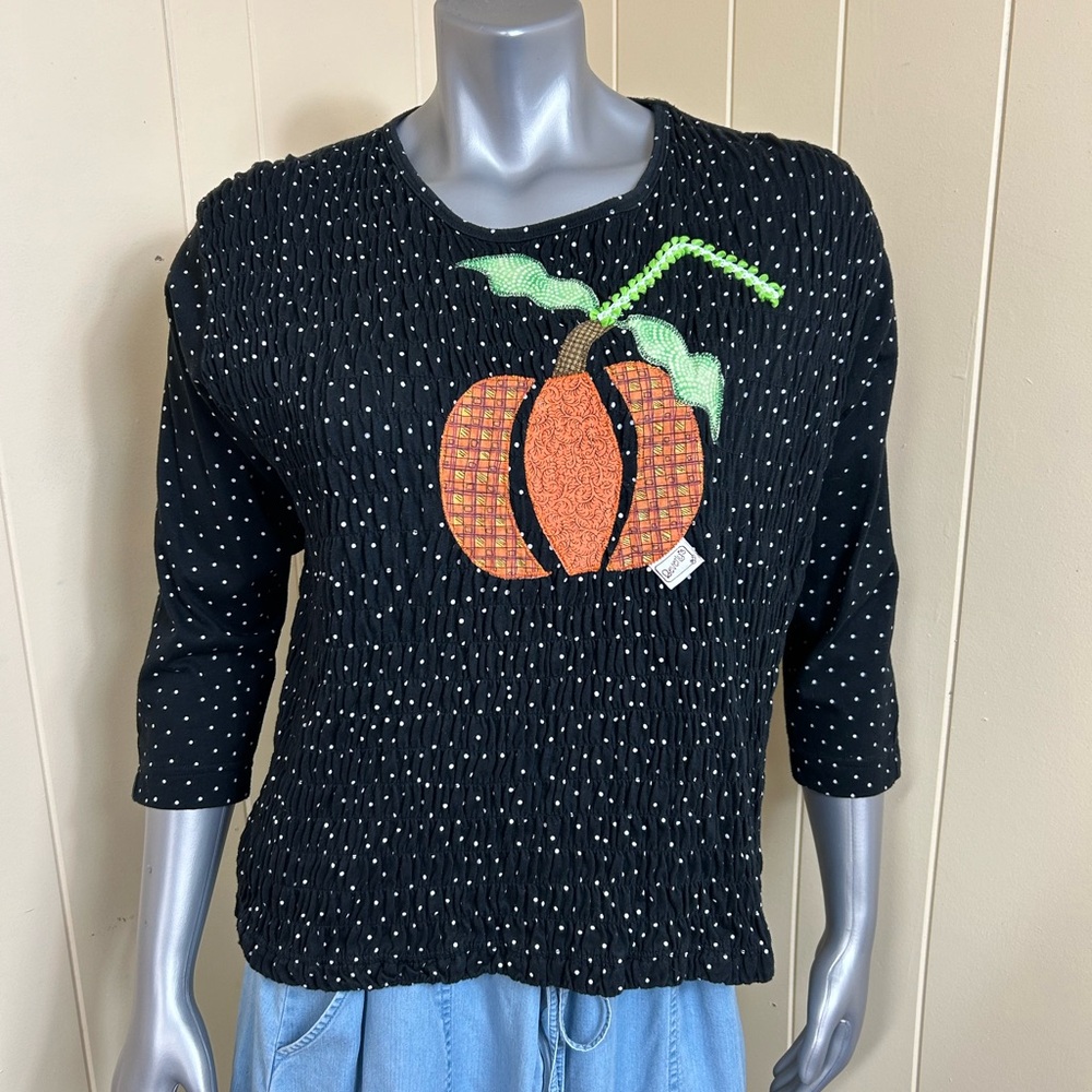 Beverly's Pumpkin Autumn Blouse Womens L Black White Polka Dot Crinkle Fabric